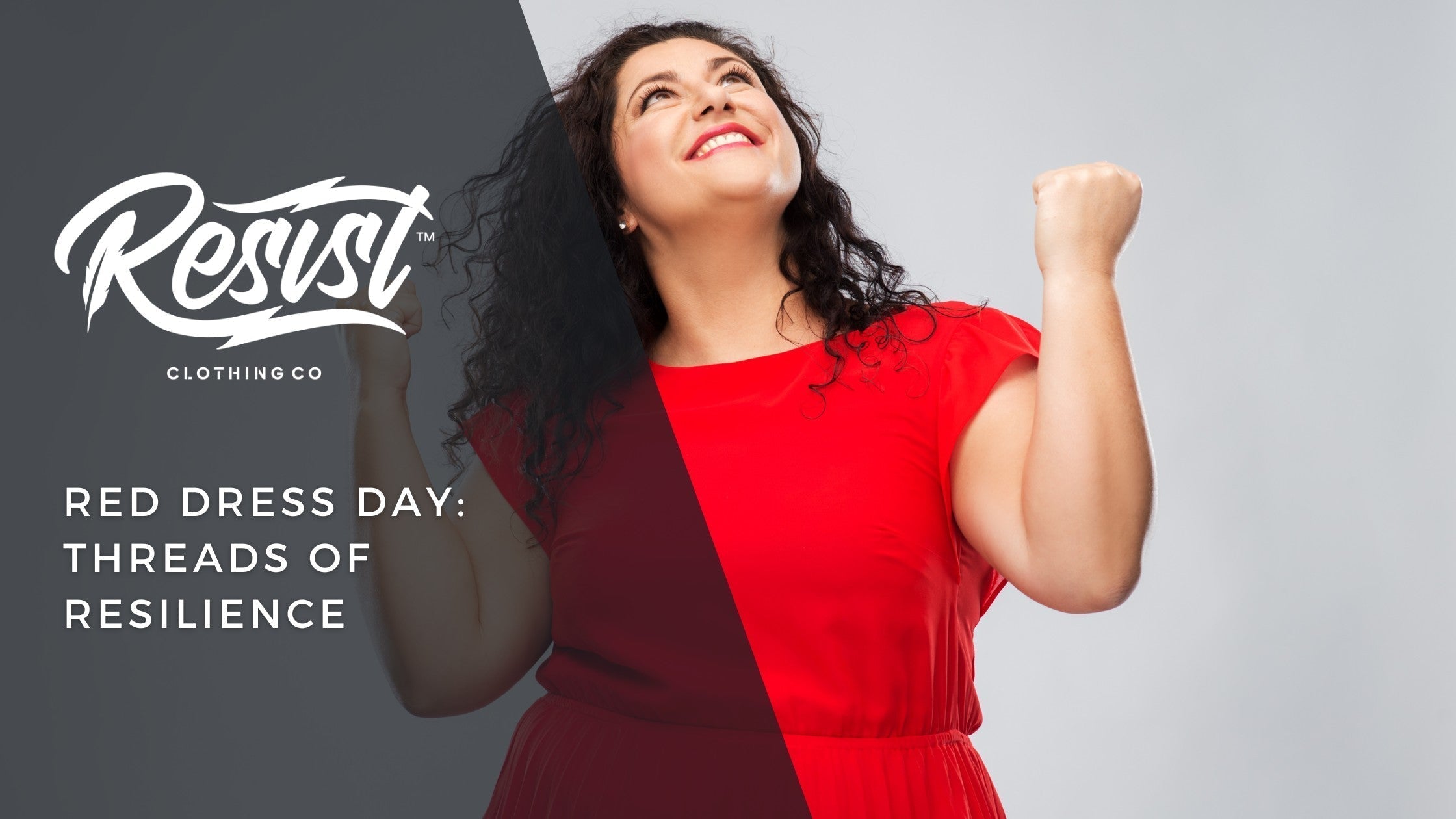 Woman in red dress with fists raised in excitement.