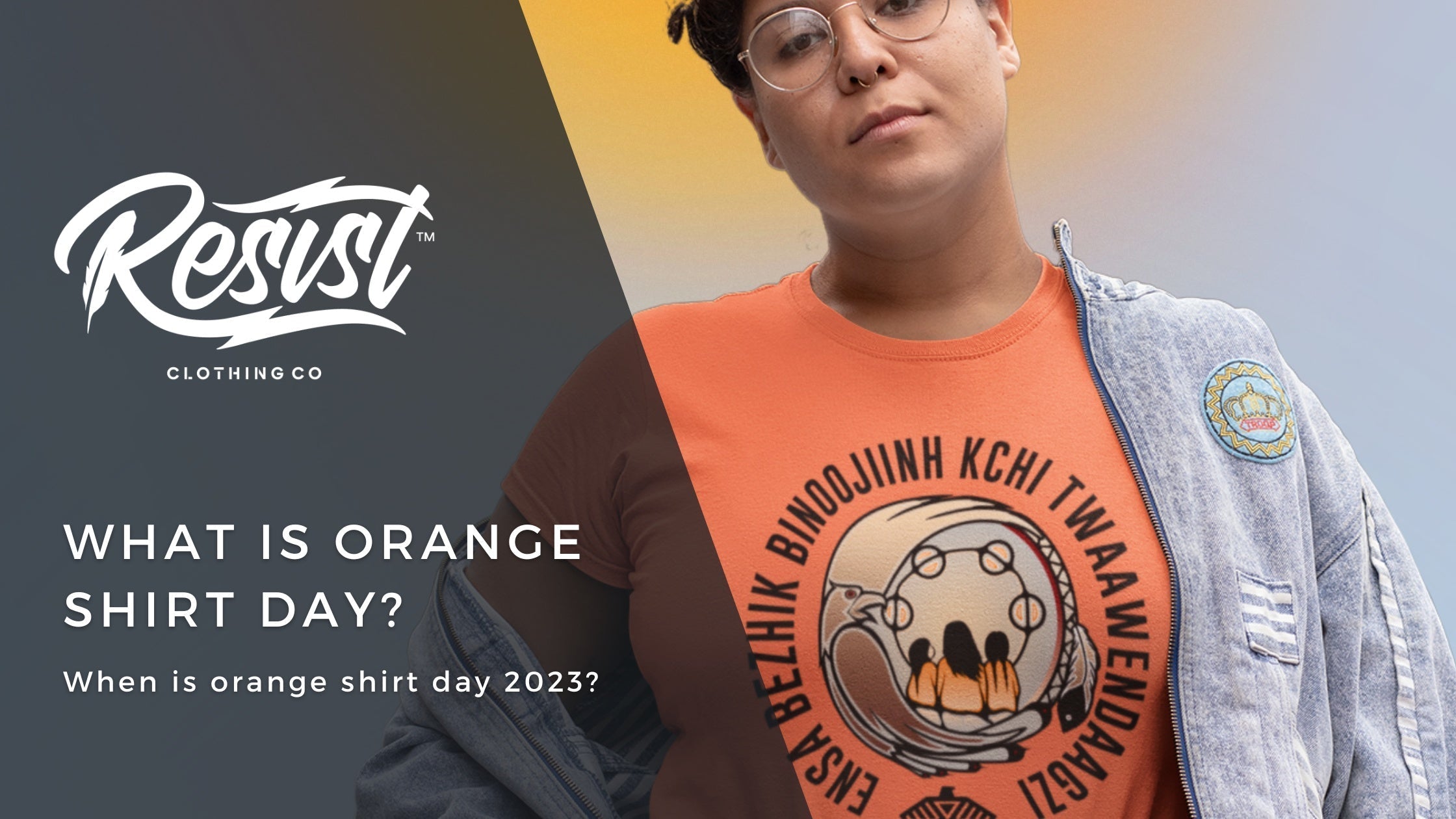 Women wearing an indigenous designed orange shirt from Resist Clothing Company